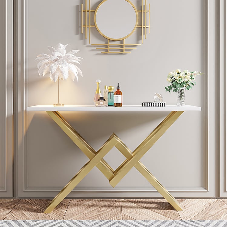 47.2" Narrow Rectangle White Console Table with Wooden Top and Gold Metal Base
