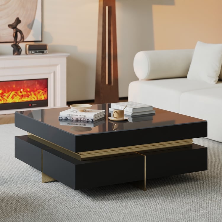 Modern 43" Square Black Tempered Glass Coffee Table with 4 Drawers