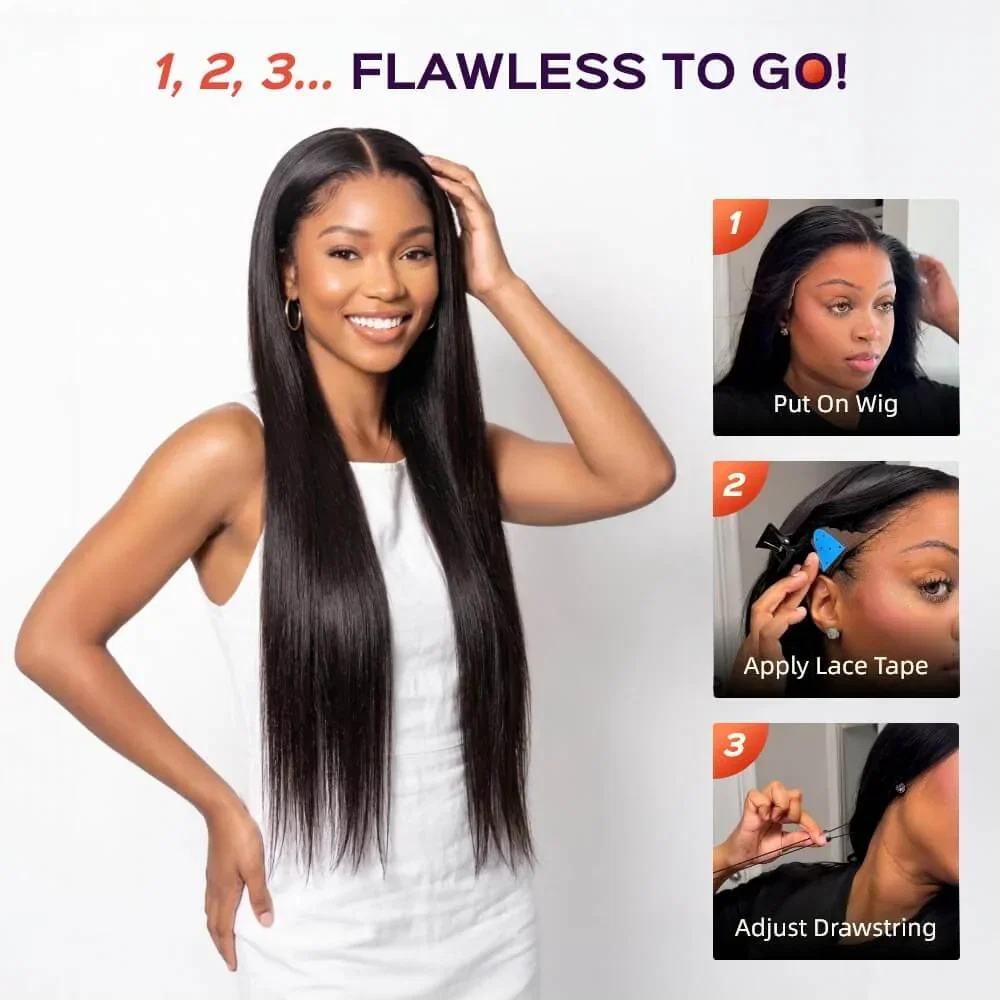 Megalook 13x6 Three-Go™ Glueless Wig Straight With Drawstring Natural Black 100% Human Hair Wig