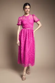 Lace Puff Sleeve Fit and Flare Midi Dress