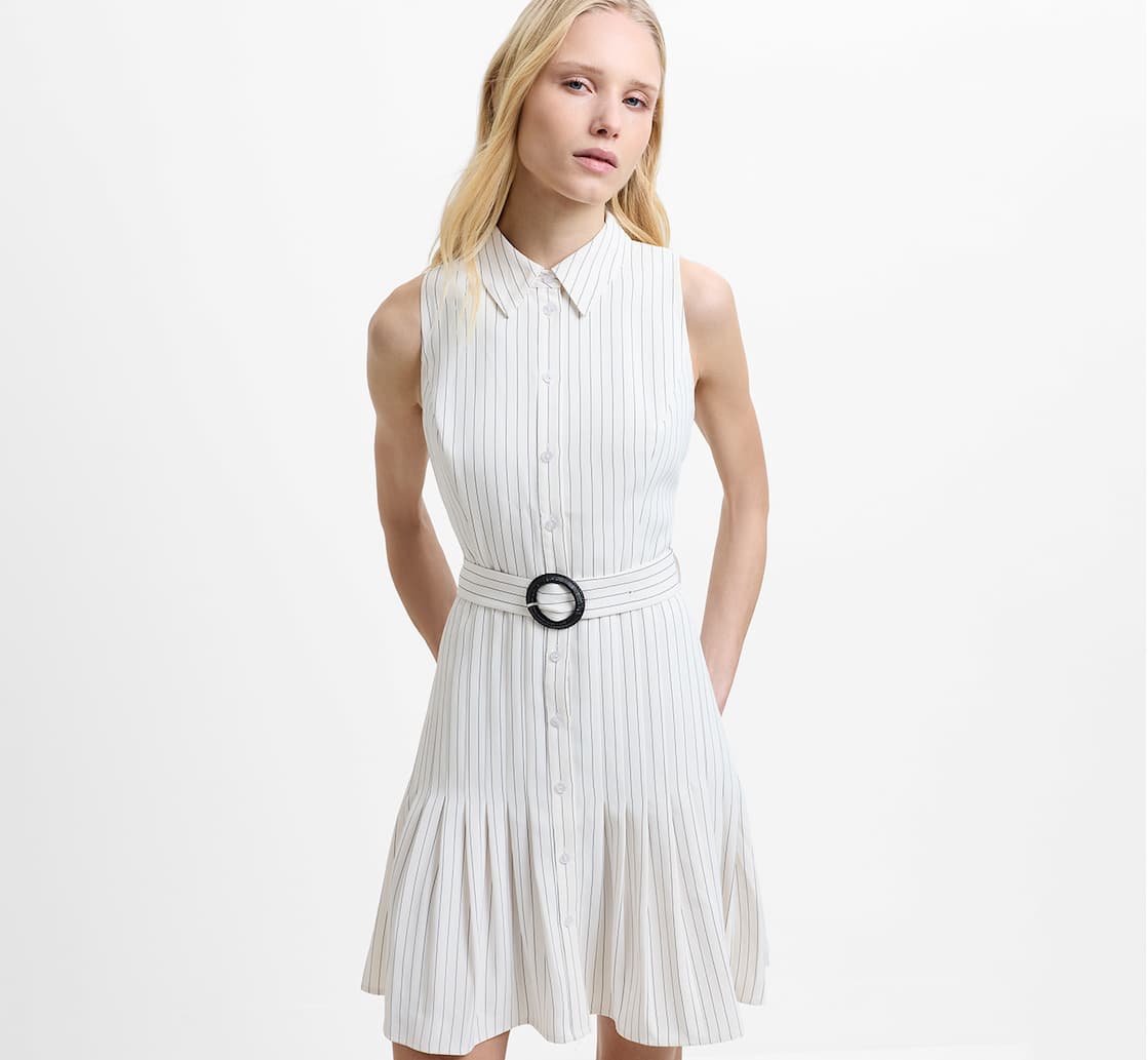 Vinnie Pinstripe Belted Cream Mini Shirt Dress