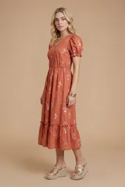 Embroidered Puff Sleeve Tiered Midi Dress