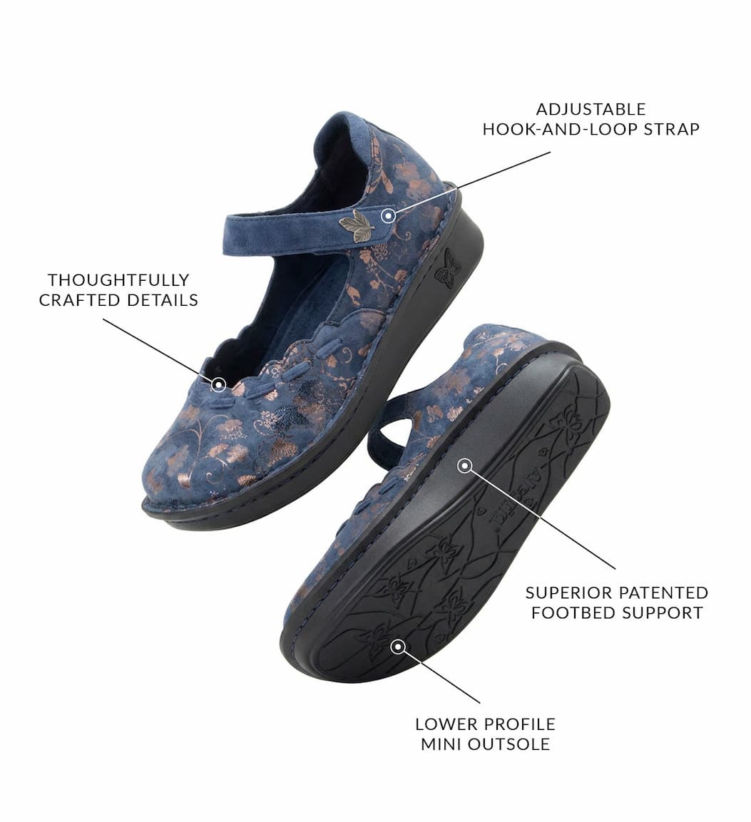 A floating image of Cellia Lumen Navy mary jane with features call outs. 
