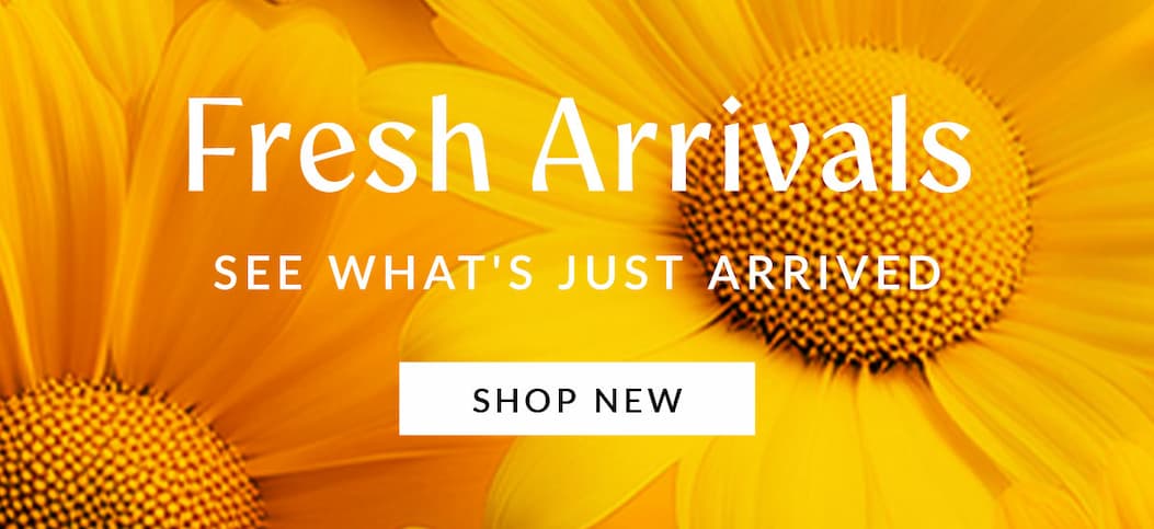 "Fresh Arrivals - See What's Just Arrived" text over two yellow daisy flowers, with Shop New CTA.