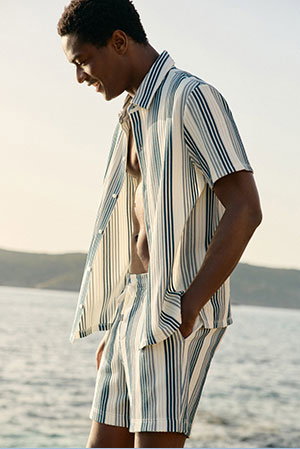 Textured Striped Jacquard Cotton-Blend Short Sleeve Shirt