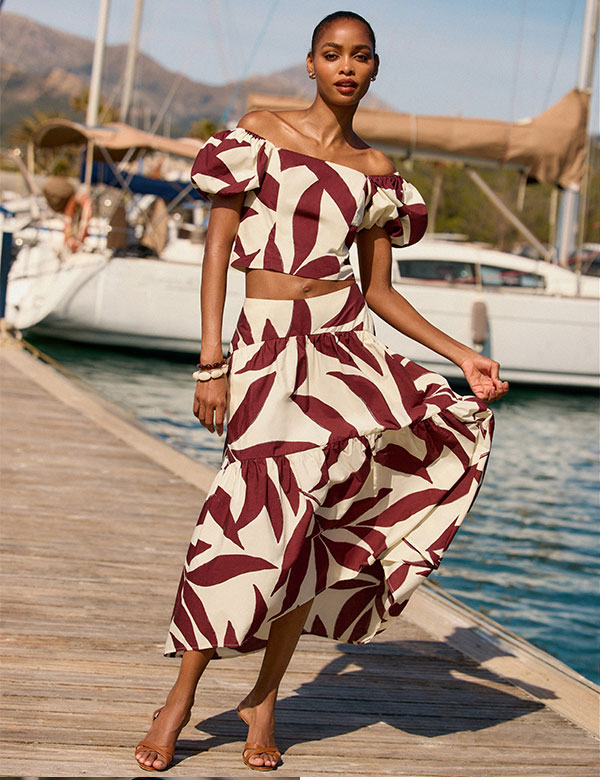 Two Piece Set: Cotton Poplin Printed Square Neck Puff Sleeve Top + Cotton Poplin Printed High Waisted Tiered High-low Midi Skirt