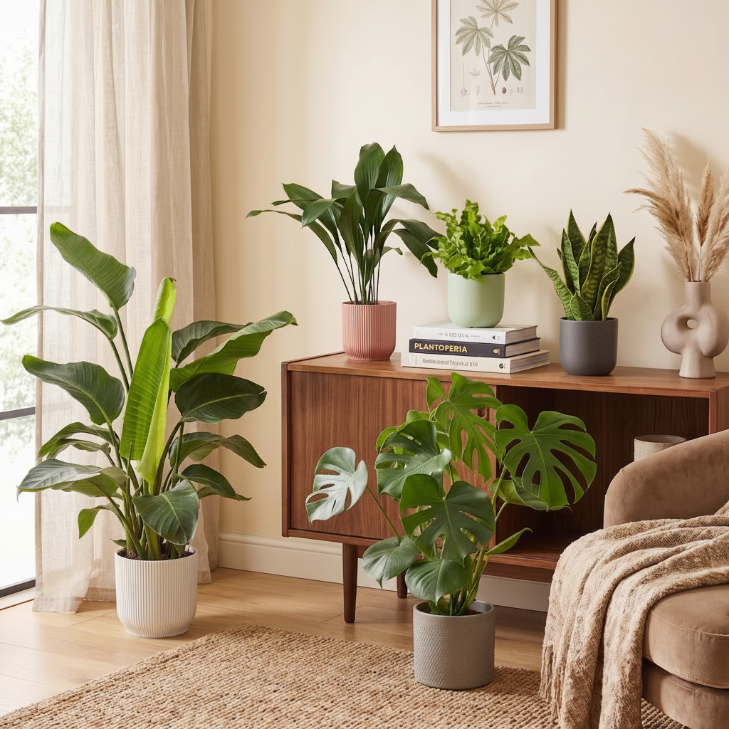 A living room vignette with several potted plants on a wooden credenza and floor.