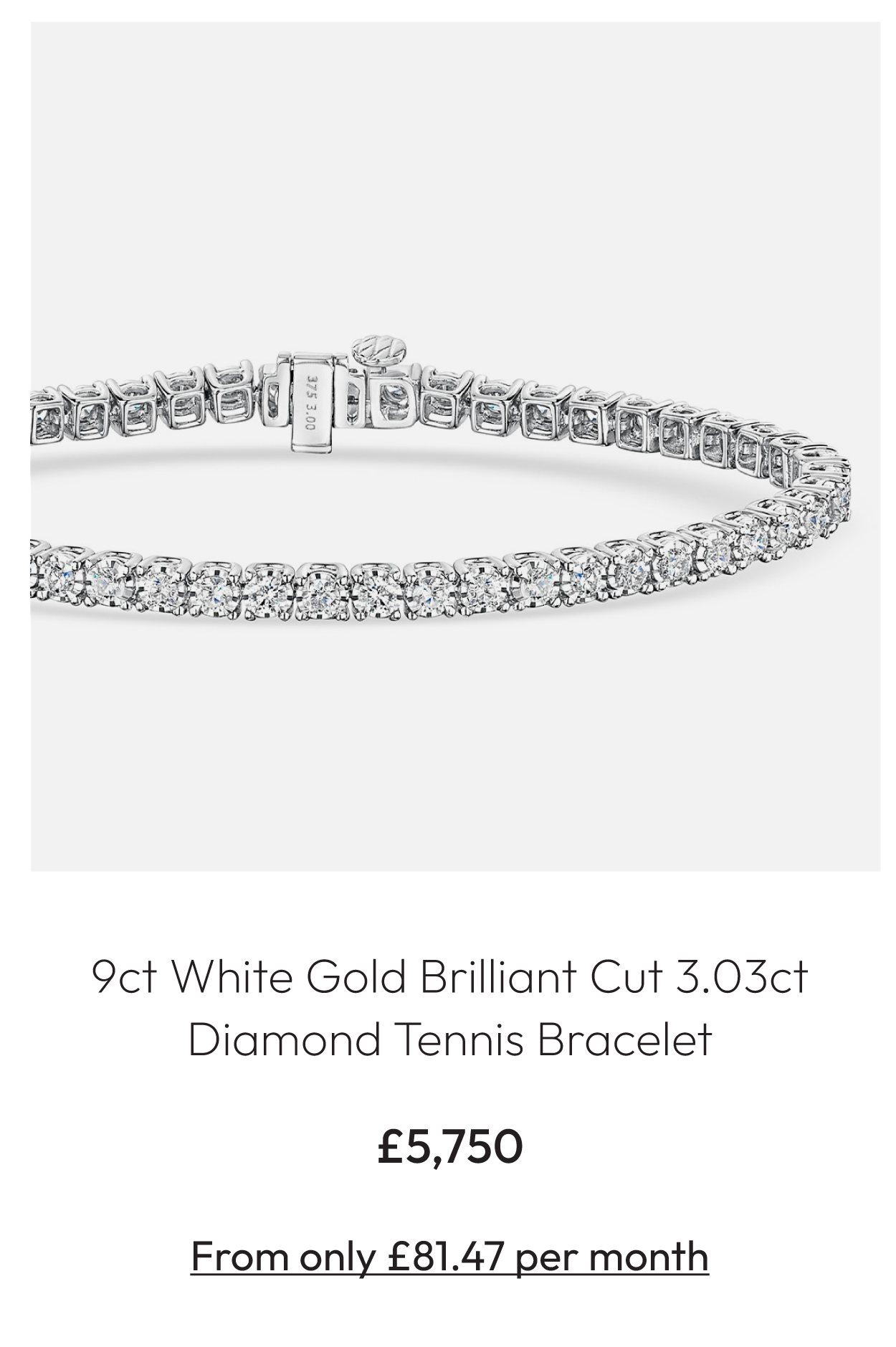 9ct White Gold Brilliant Cut 3.03ct Diamond Tennis Bracelet
