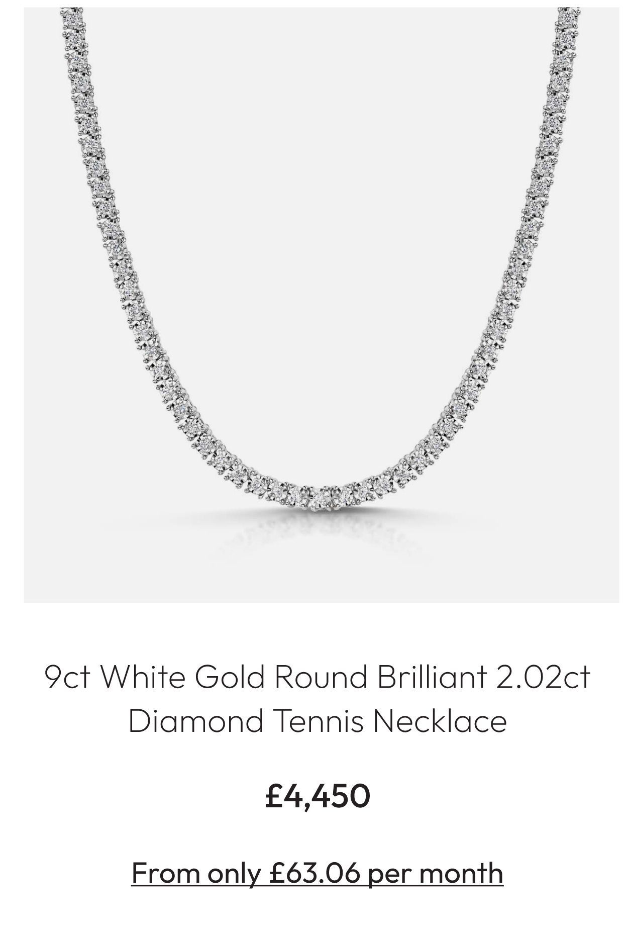 9ct White Gold Round Brilliant 2.02ct Diamond Tennis Necklace