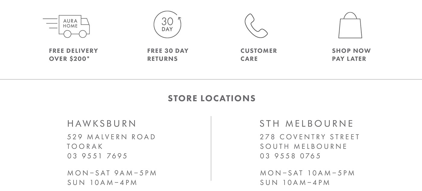 Free Delivery, Store Locations, Free 30 days returns, Customer Care, Shop Now, Pay Later