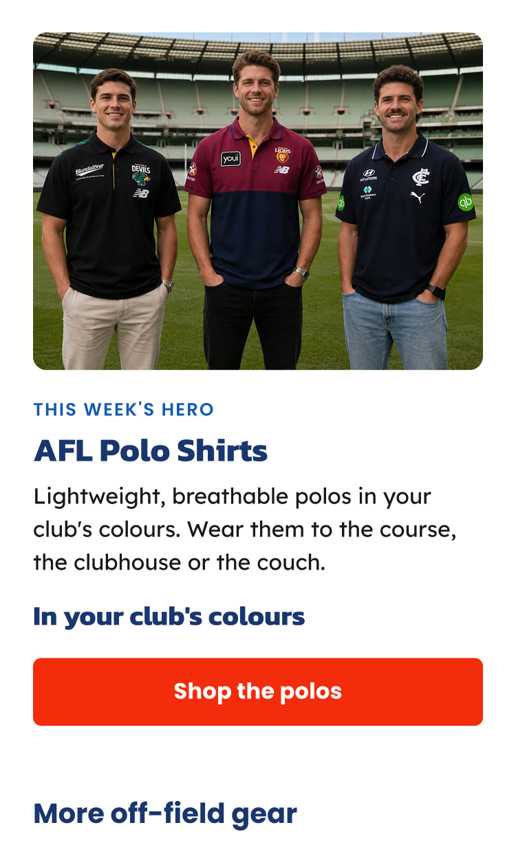 Three men standing in a stadium wearing 2026 Official AFL Polo Shirts