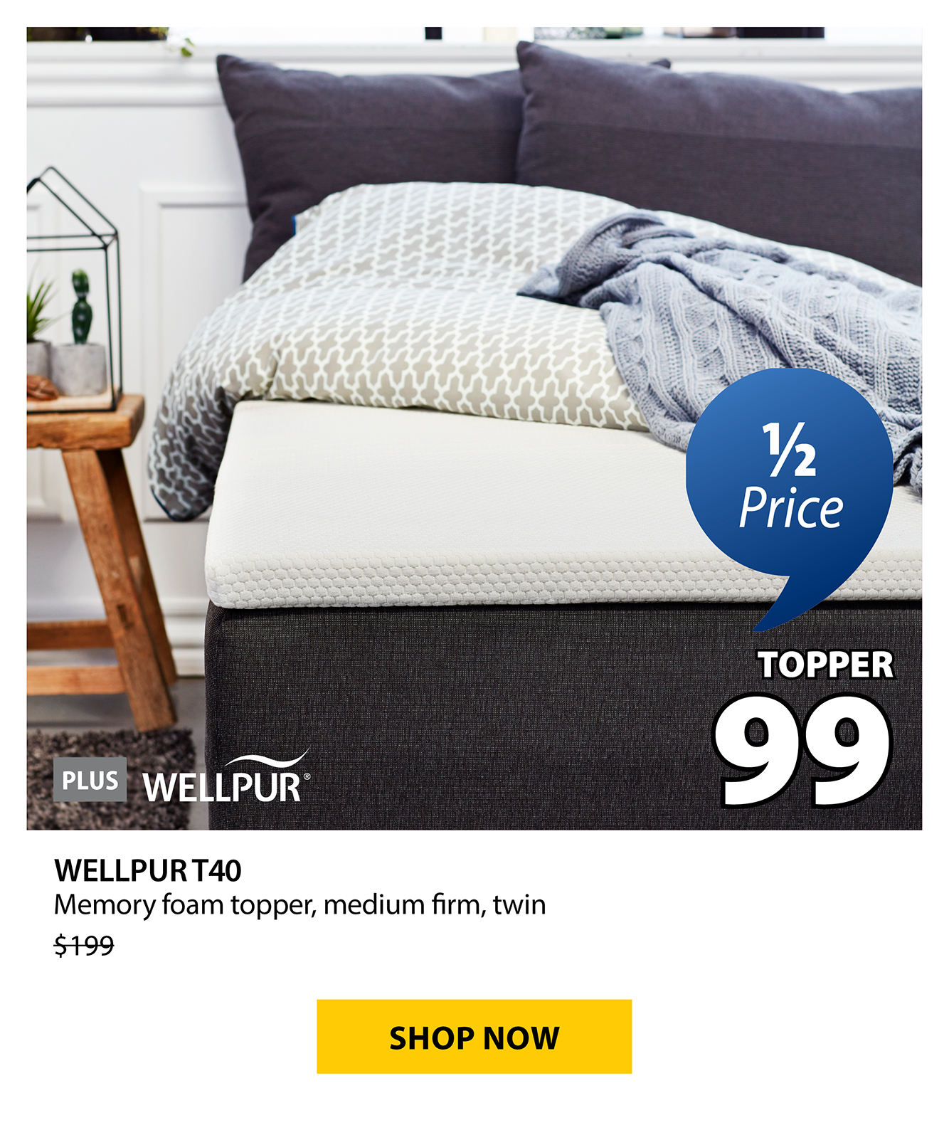 WELLPUR T40  Memory foam topper, medium firm | 1/2 Price