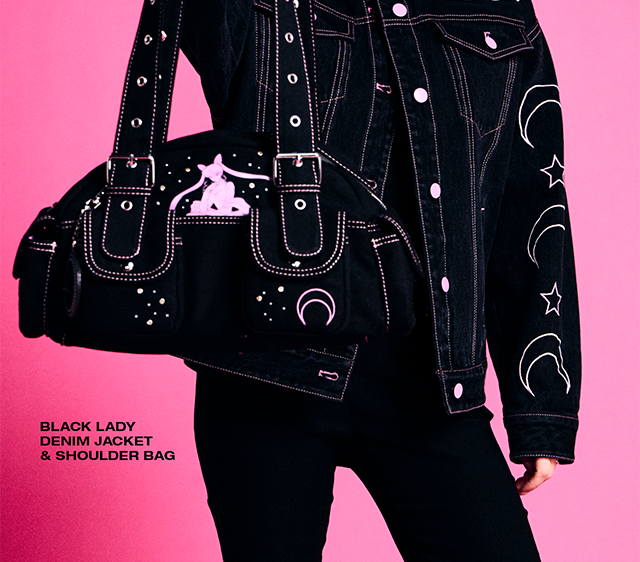 Product shown: Black Lady Denim Jacket and Shoulder Bag