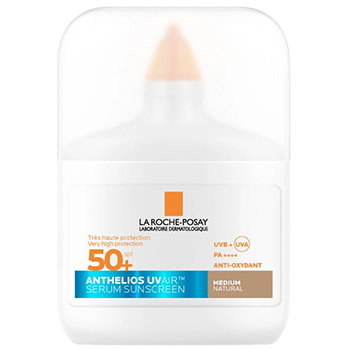La Roche-Posay Anthelios Uvail serum sunscreen SPF 50+ (Medium Natural) white travel-sized bottle