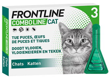 Frontline ComboLine Cat flea and tick treatment box in green, tabby cat photo and a single green pipette applicator