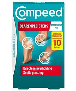 Compeed blister plasters pack showing feet with three plasters; 10 plasters for pain relief and fast healing