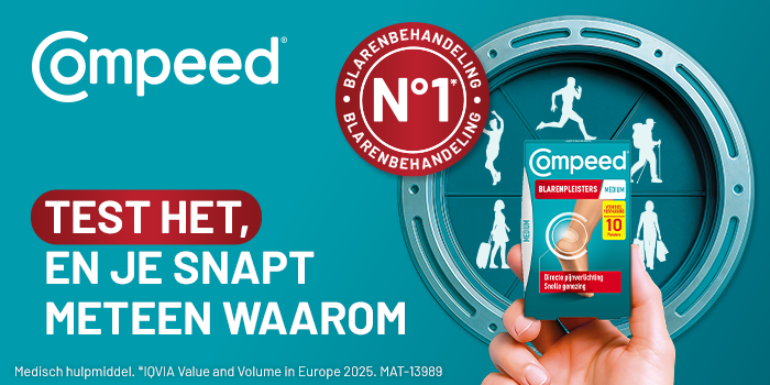 Hand holding Compeed blister plasters box on teal background with No.1 blister treatment badge and activity silhouettes