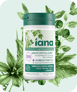 Iana Articulations joint health supplement tub with botanical leaves background, natural herb extract imagery