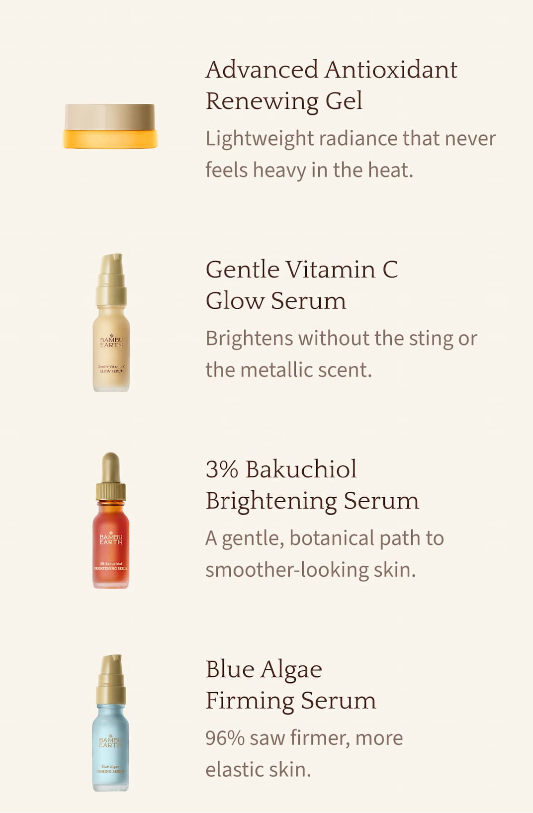 Advanced Antioxidant Renewing Gel: Lightweight radiance that never feels heavy in the heat. Gentle Vitamin C Glow Serum: Brightens without the sting or the metallic scent. 3% Bakuchiol Brightening Serum: A gentle, botanical path to smoother-looking skin. Blue Algae Firming Serum: 96% saw firmer, more elastic skin.