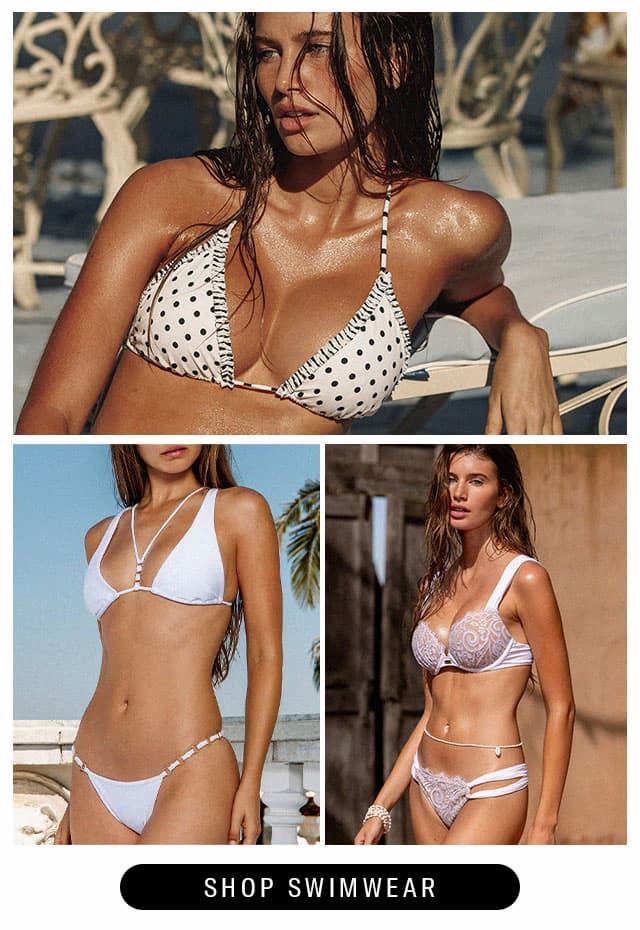 Collage of models wearing white bikinis. Shop swimwear. 