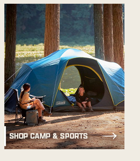 Two people relaxing near a blue tent in a forest with shop camp and sports text and arrow button.
