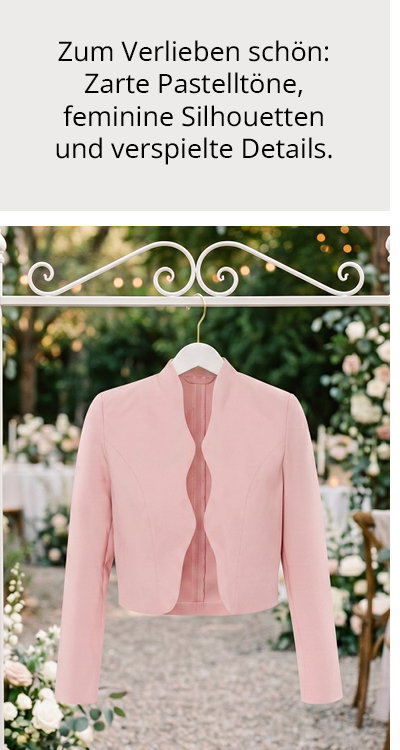 Ein hellrosa Blazer mit Wellenkante an einem festlichen weißen Kleiderständer vor einer Hochzeitskullise.
