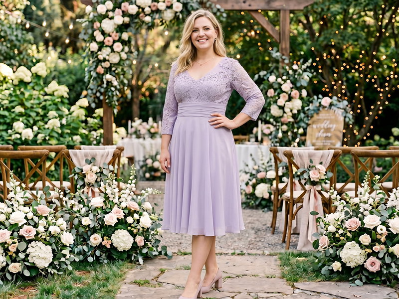 Werbebanner mit sympathischer Frau vor einer Hochzeitskulisse in einem basslila Kleid mit Spitze am Oberteil und Ärmeln.