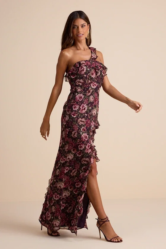 Image of Bonelle Plum Multi Floral Metallic Clip Dot Ruffled Maxi Dress