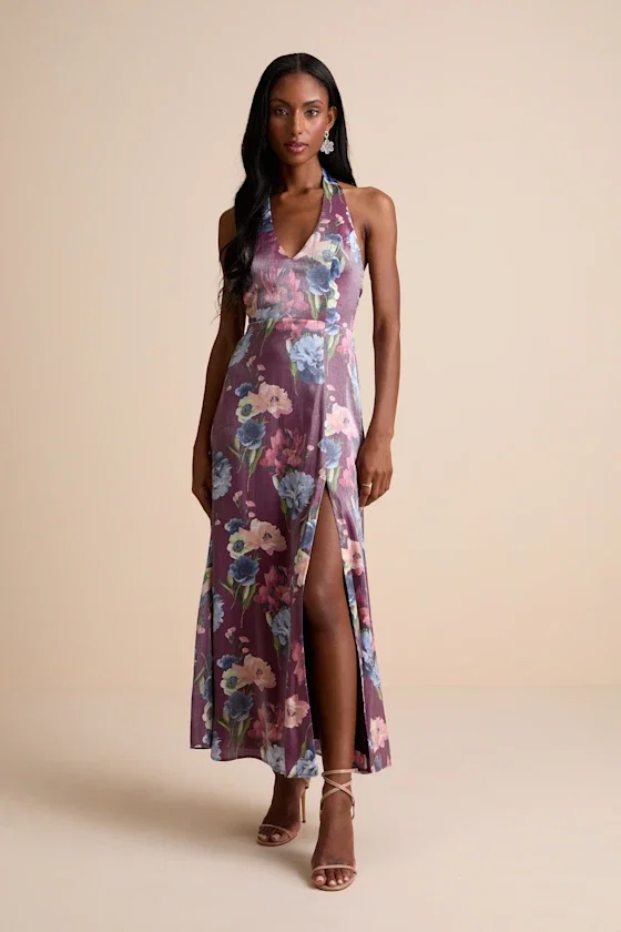 Image of Liviana Dark Purple Floral Halter Maxi Dress