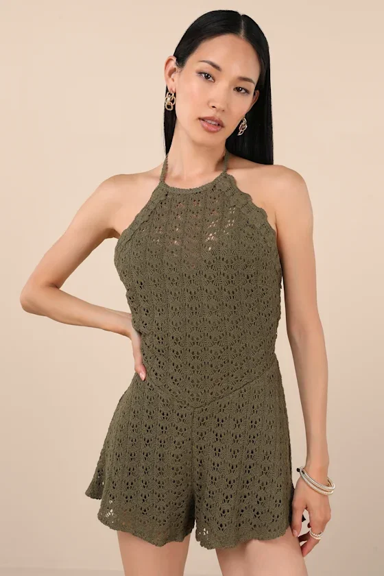 Image of Tovia Olive Pointelle Knit Tie-Back Halter Romper