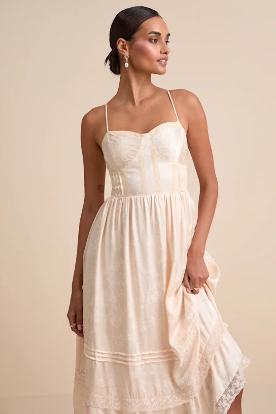 Image of Sarisha Blush Satin Jacquard Bustier Midi Dress