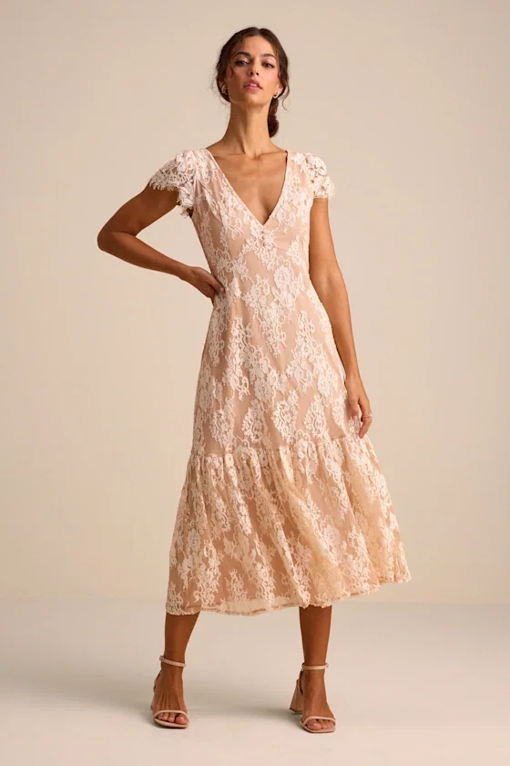 Image of Rohanna Ivory and Blush Lace Short Sleeve Tiered Midi Dress