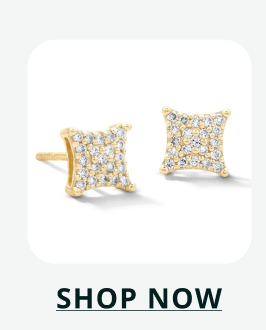 Pair of gold studs shaped into four point kite, fully encrusted with pavé diamonds. Click here to shop now