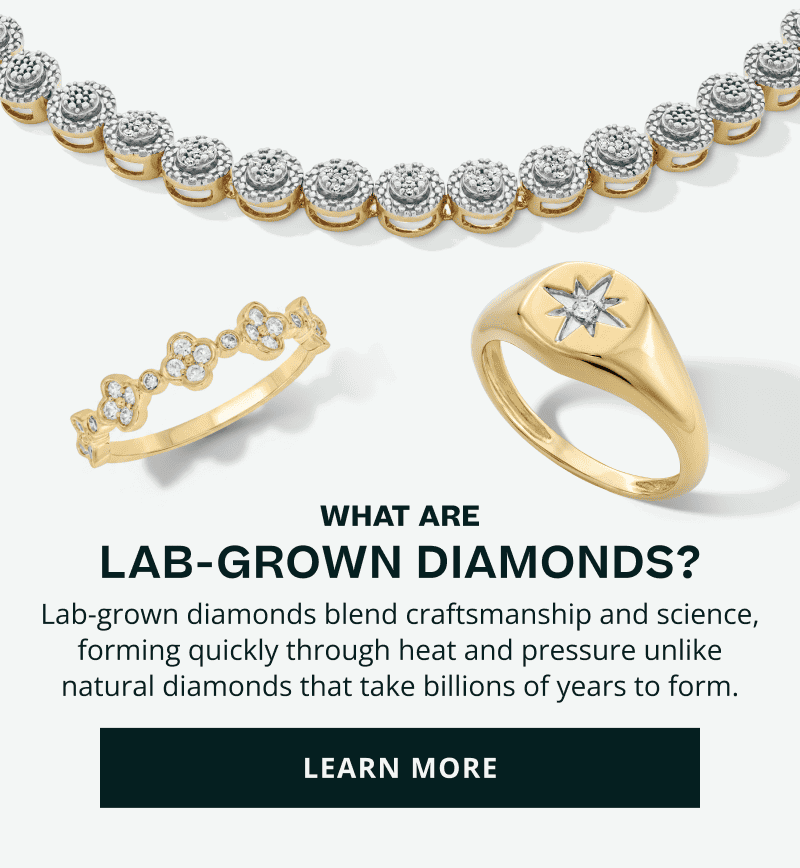 Tennis style chain, crystal clover ring & north star signet ring. What are LGDs? Forms through heat & pressure. Click here to learn more