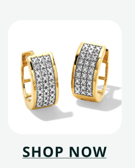 Pair of wide gold huggies with center section completely paved with rows of small diamonds. Click here to shop now
