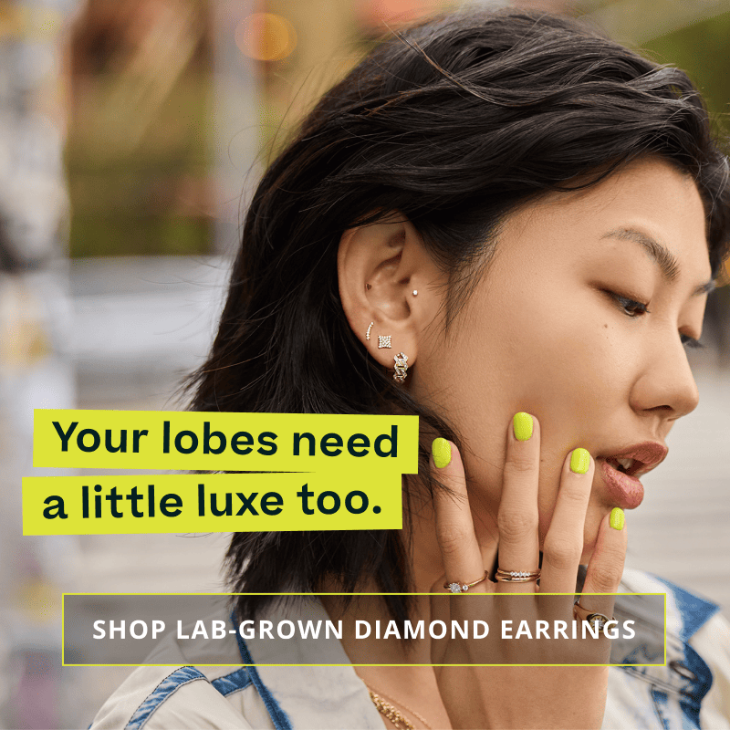 Focus on model’s geometrical diamond ear stack. Lobes need a little luxe too. Click here to shop lab-grown diamond earrings