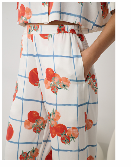 up close shot of pant in tomato print