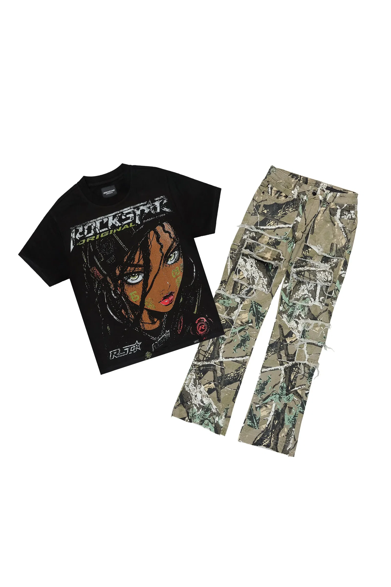 Image of Boys Brayzo Black/Tree Camo T-Shirt Stacked Jean Set