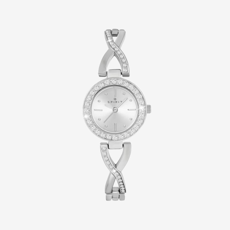 Spirit Women's Stone Set Silver Tone Sunray Dial & Crossover Stone Accented Bracelet Watch