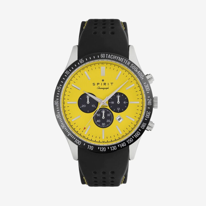 Spirit Men's Tachymeter Yellow Dial Black Silicone Strap Watch