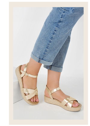 Yours Gold Cross Strap Platform Wedge Sandals In Wide E Fit & Extra Wide EEE Fit