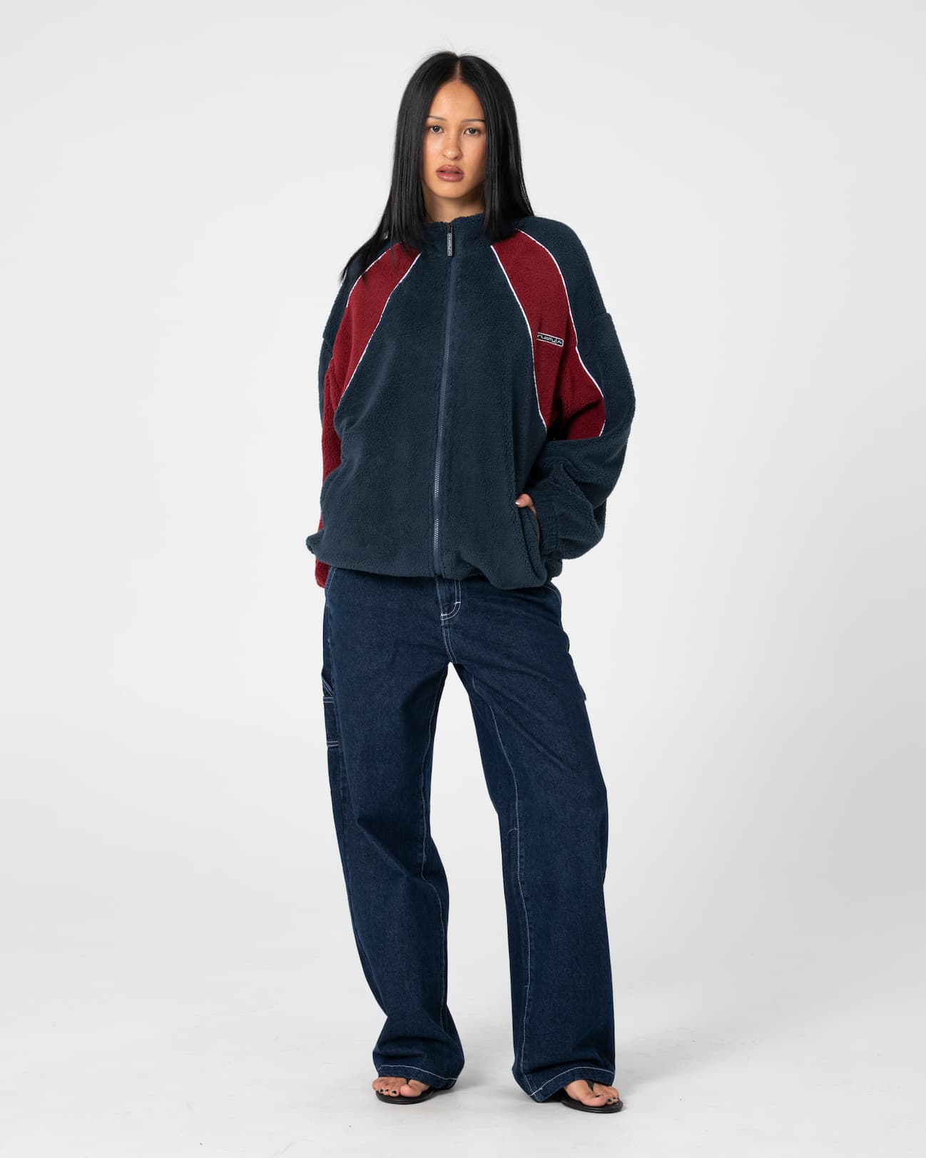 Two Tides Zip Through Sherpa Fleece in Navy & Red