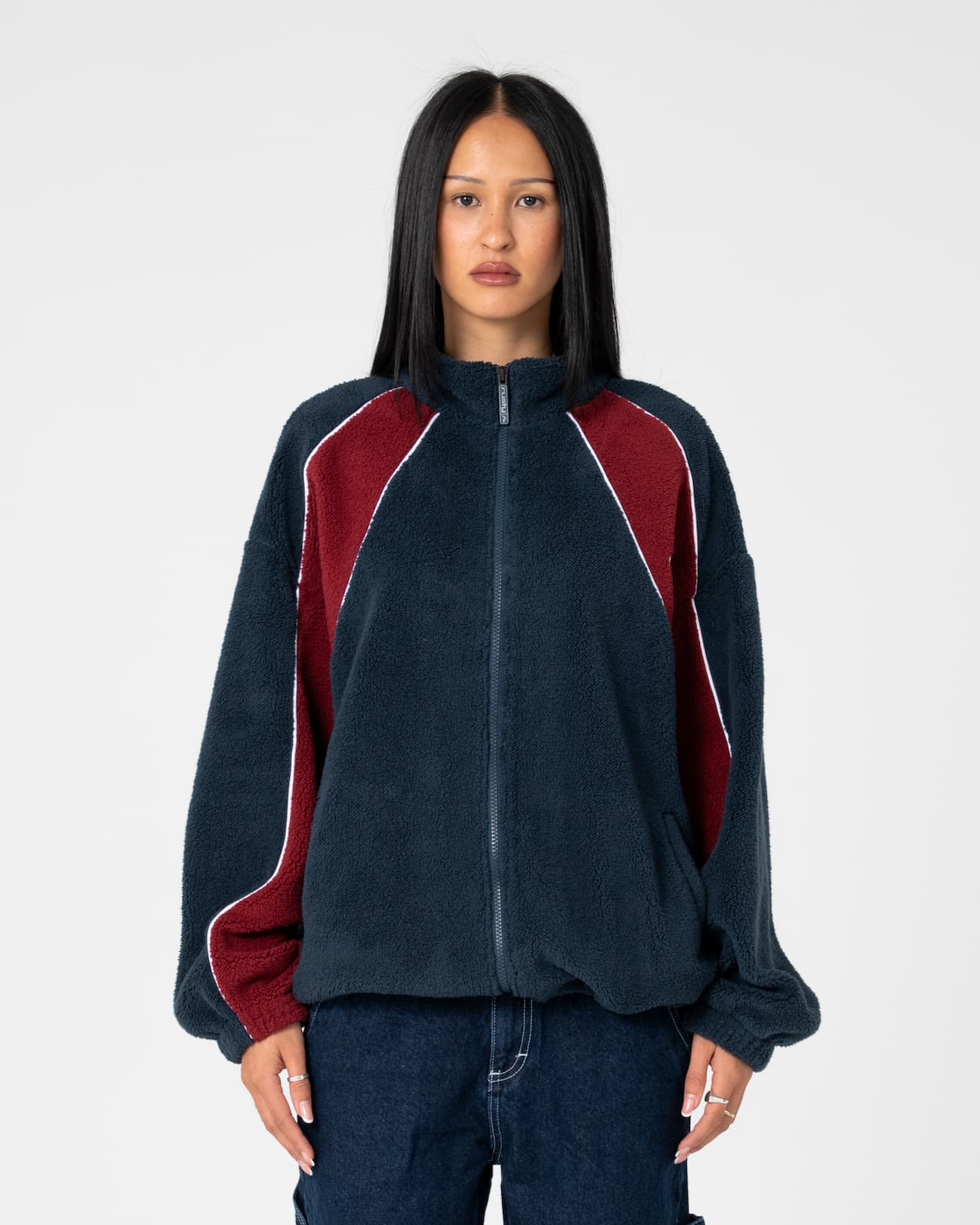 Two Tides Zip Through Sherpa Fleece in Navy & Red