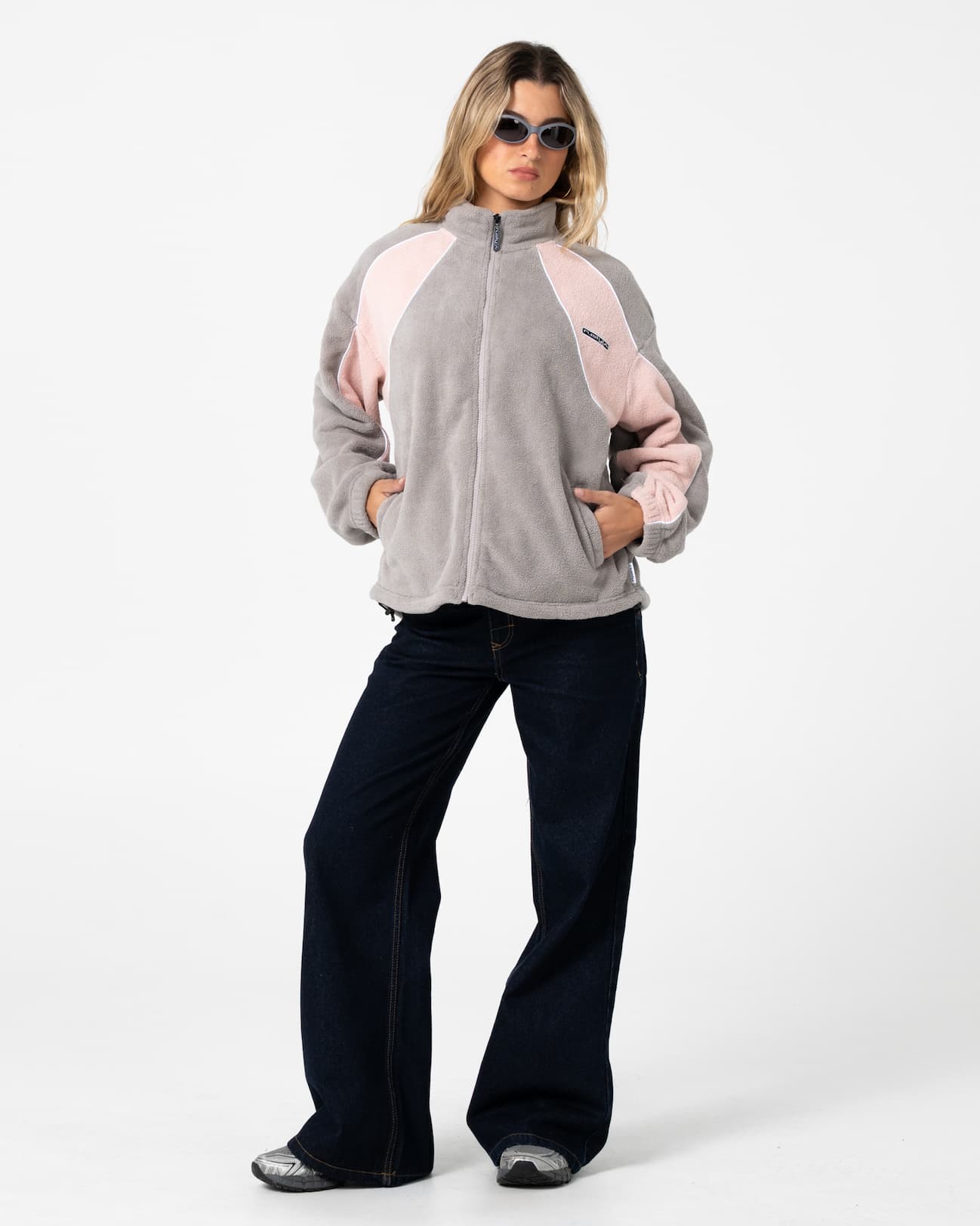 Two Tides Zip Through Sherpa Fleece in Pink & Grey