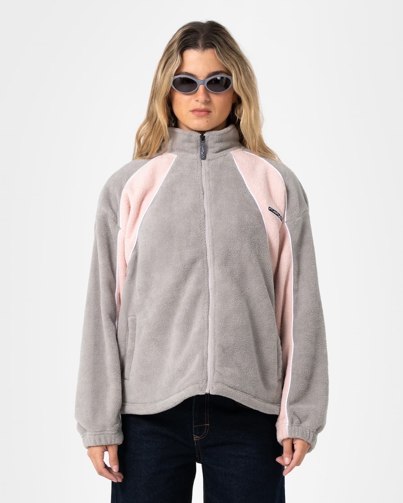 Two Tides Zip Through Sherpa Fleece in Pink & Grey