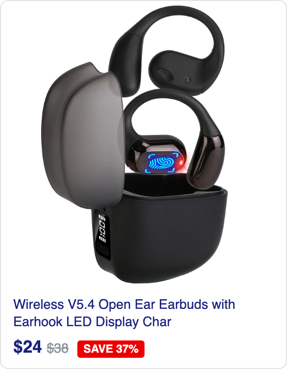 Wireless V5.4 Open Ear Earbuds with Earhook LED Display Charging Case