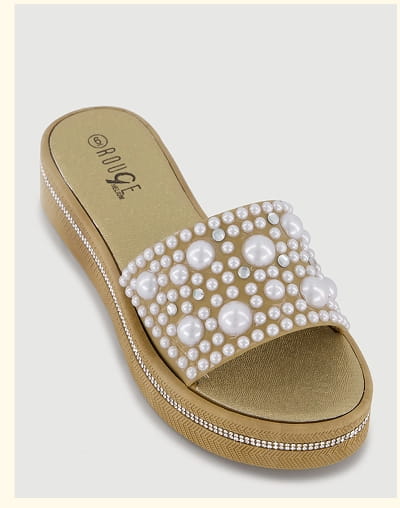 Shop Rhinestone Trim Faux Pearl Band Slide Sandals