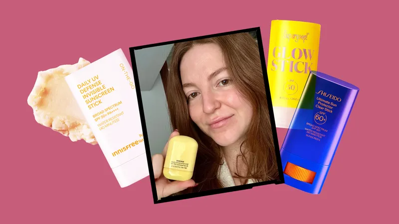Image contains Allure senior staff writer Elizabeth Gulino applying the Bubble Sun Rise Mineral Sunscreen Stick Broad Spectrum SPF 40 surrounded by a collage of the best sunscreen sticks on a pink background