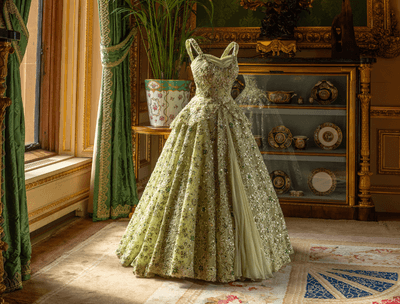 A vintage green gown adorned with intricate floral patterns, displayed in an elegant room.