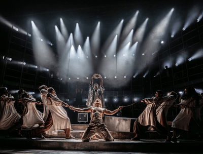 A dramatic stage scene with performers in flowing costumes, illuminated by bright stage lights.